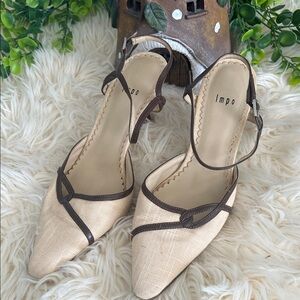 Impo Beige Slingback Pointed-Toe Heels with Brown Trim
